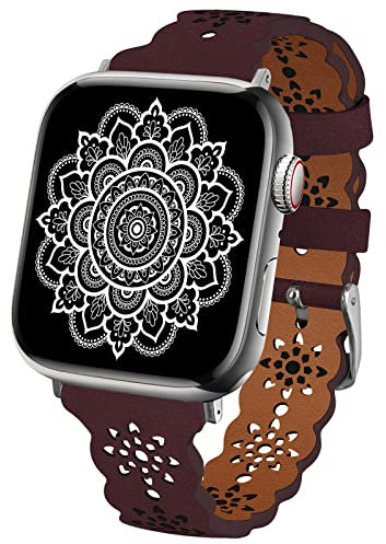 TopPerfekt Lace Leather strap Compatible Apple Watch 42mm 44mm 45mm 49mm Women Ultra Thin hollow out Breathable Leather strap Classic Clasp for iWatch Collection Ultra SE 8 7 6 5 4 3 2 1 Wine red