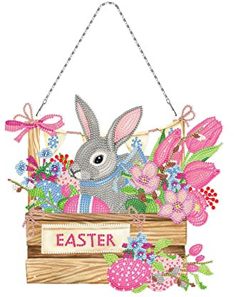 EXQULEG Diamond Painting Kranz Ostern Deko, 5D Diamond Painting Kits, DIY Diamant Painting Anhänger Hase Ostereier mit Hängekette, Diamant Malerei Bilder für Wand Und Eingang Dekoration (YH308)