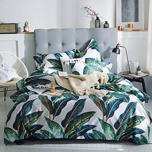 Luxury Leaves Duvet Cover King 3 Piece Tropical Floral Bedding Sets Cotton Green Leaf Pattern Comforter Cover Vintage Floral Palm Leaves Bedding Duvet Cover for Men Women King Bed Set