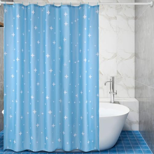 Lkw Ogechi Cortina de Ducha Azul con Dobladillo Ponderado, Cortina de Baño de Poliéster de 240 CM con Patrón de Estrella, Cortina de Habitación Húmeda Pesada Impermeable y Antimoho para Baño