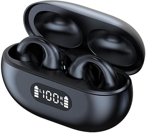 STFMHEZ Open Ear Kopfhörer, Ear Clip Knochenschall Kopfhörer Bluetooth 5.3 mit Mic Noise Cancelling, 28 Std Spielzeit, Dual LED Anzeige, IPX7 Wasserdicht für Joggen Laufen Radfahren Gym(Schwarz)