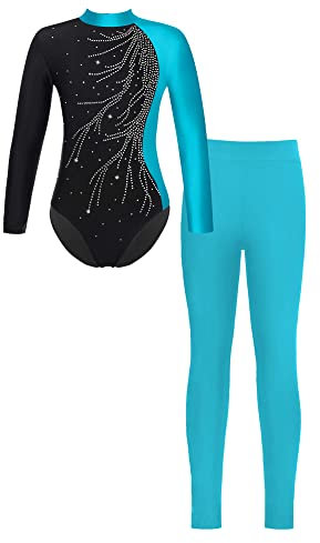 iEFiEL Mädchen Turnanzug Glitzer Gymnastik Leotard Langarm Akrobatik Anzug Tanzkostüme Turnbody Jumpsuit mit Sport Leggings Za Grüner See 146-152