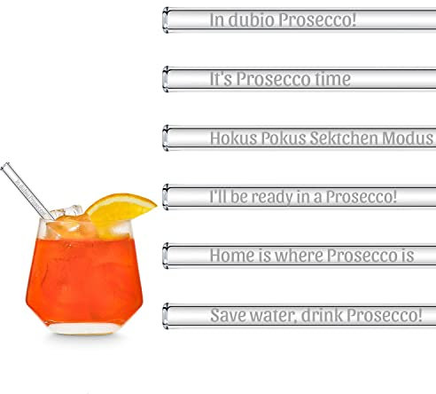 Prosecco Geschenk Glasstrohhalme Lustige Sprüche 6x 15 cm kurze Strohhalme Geschenkset mit gravierten Sprüchen für kleine Gläser