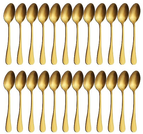 BEWOS 24 Pieces Gold Dessert Spoons, 8 Inch (20.3 Cm) Spoon Set, Stainless Steel Soup Spoons, Mirror Polished Spoons, Dishwasher Safe, Table Spoons for Home