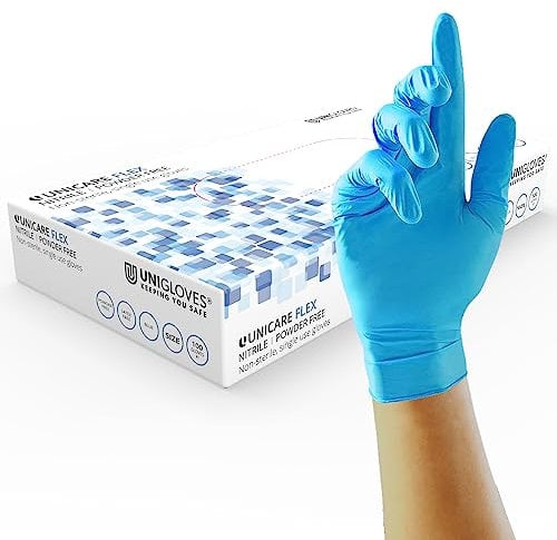 Unigloves Unicare Flex Nitrile Multipurpose Disposable Gloves, Powder Free, Ultra Lightweight, Box of 100 Gloves in Blue, Size Small (GS0212)