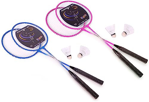 Bock op Kölle Federball Set Familie Badminton Set 2 Schläger und 2 Bälle (2er Set blau und pink)