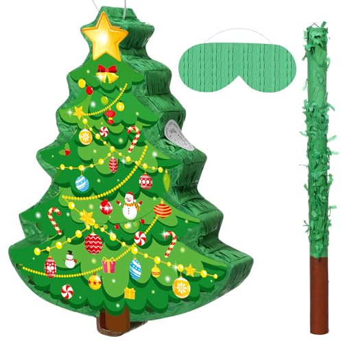 Harrycle Weihnachten Pinata 41 cm Weihnachtsbaum Mexikanische Pinata mit Stab Augenmaske und Konfetti Weihnachtsfeier zum Befüllen für Weihnachtsdeko Feiertag Party Spiele Mitgebsel Deko