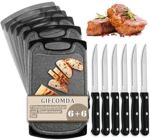 Gifcomda Frühstücksbrettchen 6er Set mit 6er Steakmessern, 25x15cm Kleines Dunkelgrau Frühstücksbrettchen Kunststoff Set, BPA frei, Antibakteriell, Rutschfest mit Saftrille, Spülmaschinenfestes