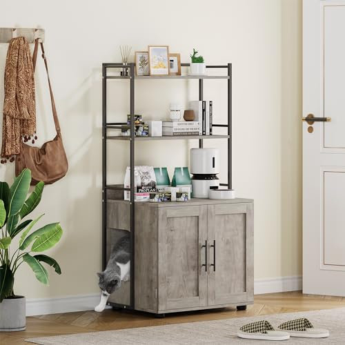 GAOMON Cat Litter Box Enclosure with Shelf Storage, 2-in-1 Hidden Cat Washroom Furniture, Indoor Cat Cabinet, Hidden Cat Box Enclosure with 3 Shelves and Door, Cat House for Most Litter Box, Grey