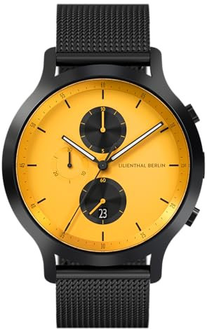 Lilienthal Berlin Chronograph Line 2 in schwarz/gelb – Herrenuhr am schwarzen Mesh Armband – aus Chirurgenstahl mit einem Quarzuhrwerk & saphirgehärtetem Mineralglas – 42,5 mm