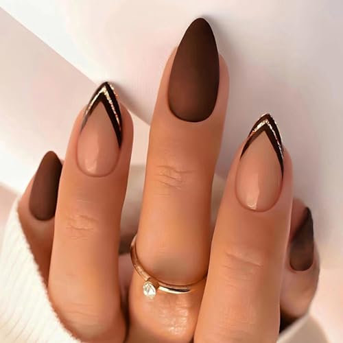Lot de 24 Faux Ongles Amande Court Français Brun Press on Nails Ballerine Couverture Complète Acrylique Capsules Ongles Naturel Ongles à Coller pour Femmes et Filles 12 Tailles