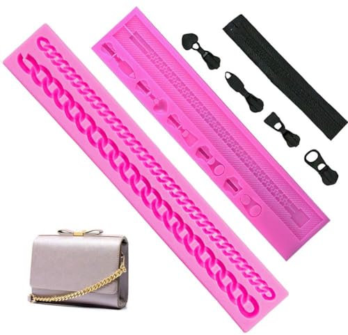 Paotxpum 2 Pack Zipper Chain Silicone Mold for DIY Cake Cupcake Topper Fondant Chocolate Clay Mould Purse Bag Mold
