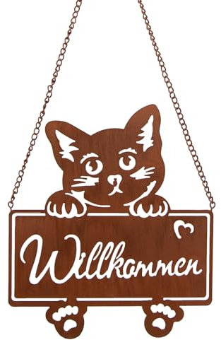 Logbuch-Verlag Katze Willkommensschild aus Metall rost braun Katzendeko Türkranz für Katzenbesitzer 20 x 22 cm