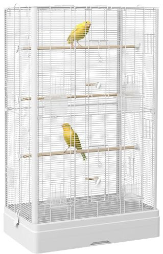 PawHut Jaula para Pájaros 61x36,5x98 cm Pajarera con Puertas Perchas Bandeja Extraíble Cajas de Comidas y Asas Jaula para Ninfas Periquitos Pinzones Canarios Blanco