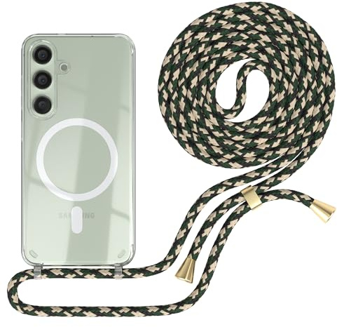 EAZY CASE - Handykette kompatibel mit Samsung Galaxy S24 Kette zum Umhängen Stoßfest Handyhülle für Galaxy S24 Silikon Hülle mit Band Handytasche Transparent als Fallschutz in Grün Camouflage