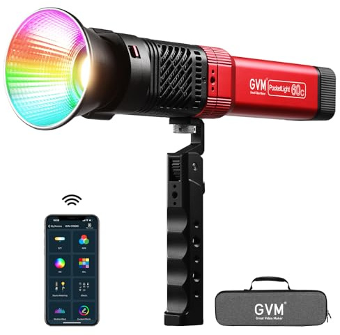 GVM PD60C Lampe de Studio RVB 60 W COB Portable pour Photographe, Lampe de Poche, projecteur Photo, contrôle par Application, 2700 K à 6800 K, 49300 Lux/0,5 m
