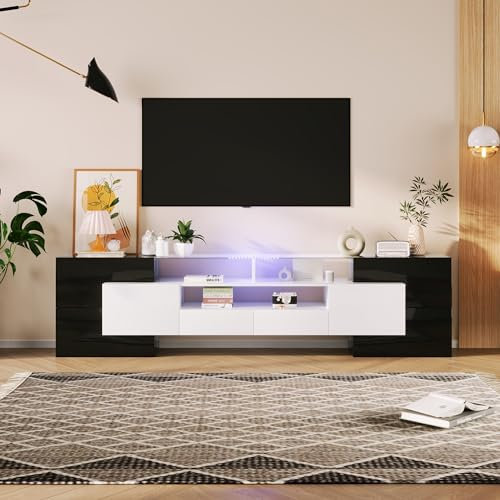 Dalred Elegante mueble de TV con panel bajo, color blanco brillante y negro, 200 cm, con iluminación LED, elegante superficie de cristal