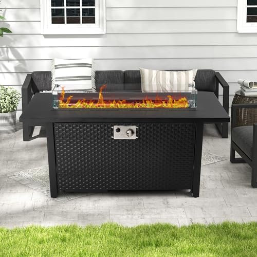 Royalcraft Ensemble de Table de feu d'extérieur de 109,2 cm avec Pierres en Verre Robustes, Pare-Vent, Couvercle et Housse résistante à l'eau, Table de Foyer rectangulaire pour Patio, terrasse 50 000