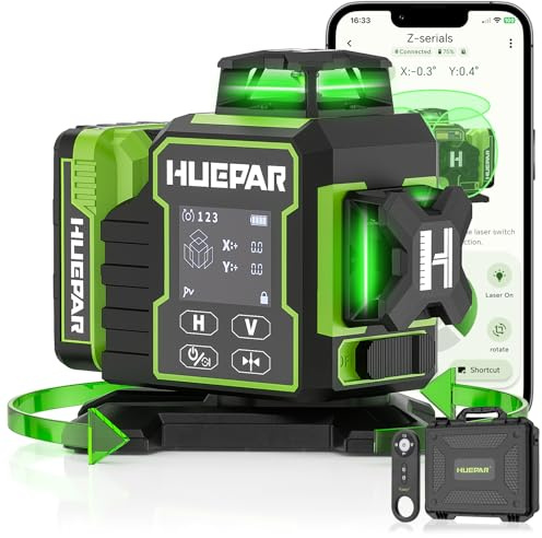 Niveau Laser Chantier Autonivelant 360°x3 Huepar | Laser Niveaux 3D 12 Lignes Laser avec Bluetooth,Mode Pulsé Base Rotative Électrique et Écran LCD,Nivellement Laser-W03CG