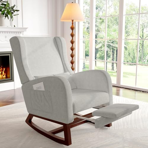 Luminarix Schaukelstuhl Stillsessel Relaxsessel mit Holzsockel Fußstütze Verdicken Schaukelsessel,Leinen,2 Seitentaschen,1 Lendenkissen,(Leinen, Grau)