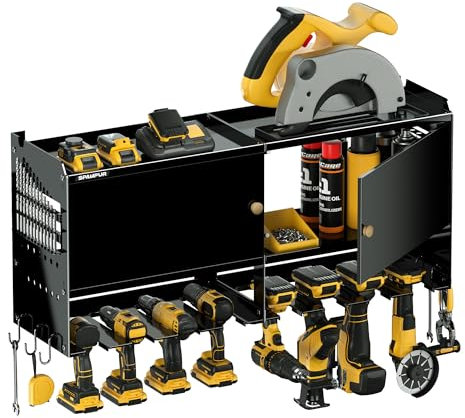 Spampur Cabinet with Doors and Shelves, Power Tool Organizer Wall Mount, Metal Storage Tool Box, 15 Min Assembly & Max 150lb Boad, 8 Slots for Cordless Drill in Garage, Father Day Gift for Men