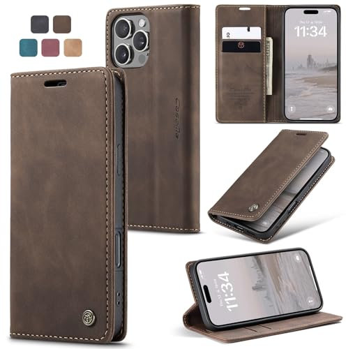 owlhold Handyhülle für iPhone 16 Pro MAX Hülle Premium Lederhülle Weiches Vintage-Nubukleder Faltbare Ständer Schutzhülle Kartenfach Standfunktion stoßfest klapphülle iPhone 16 Pro MAX -Kaffee