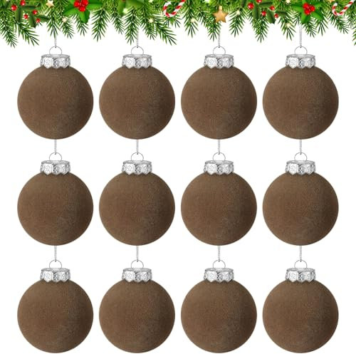 12 Stück braune Samt-Weihnachtskugeln, Ornamente, Weihnachtsbaumschmuck, 6,1 cm, beflockte Weihnachtskugeln für Weihnachten, dekorative hängende Ornamente, Party, Hochzeit, Familientreffen (braun)