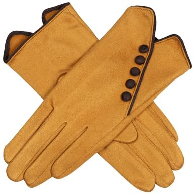 Dents Handschuhe Damen Touchscreen Ocker Choc Stretch Einheitsgröße Überzogene Knöpfe