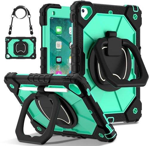 ERDARARIPRO Custodia per tablet Apple iPad 9.7 2017/2018 5th/6th/iPad Pro 9.7 Gen, custodia universale per bambini, con portapenne, supporto per maniglia, tracolla per bambini, uomo, nero, verde menta