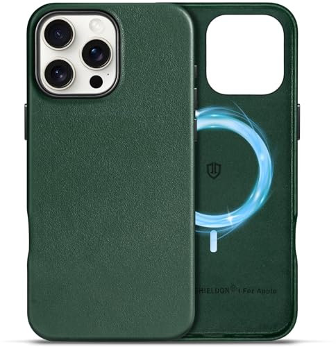 SHIELDON Lederhülle für iPhone 16 Pro Max, Handyhülle [Kabelloses Laden] [Kamerasteuerung] [Stoßfest] [Dünn] [Leicht] Schutzhülle Kompatibel mit iPhone 16 Pro Max 5G 6,9 2024 Immergrün