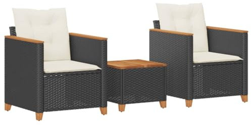 HETFTJN Festzeltgarnitur Balkonmöbel Lounge Möbel Outdoor Outdoor Lounge - 3-TLG. Bistro-Set mit Kissen Schwarz Poly Rattan Akazienholz für Café Garten Balkon Terrasse