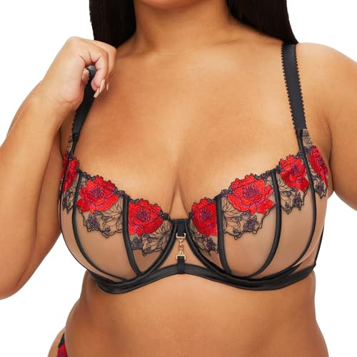 Ann Summers Valentines Caged Rose Non-Padded Fuller Bust DD+ Balcony Bra Black & Red Sheer Mesh, DD-G Cup, Embroidered Womens Underwear Stylish & Supportive Bra - Womens Lingerie