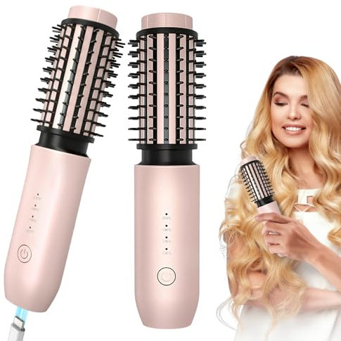 Kabellose Lockenstabbürste, 40mm Tragbare Reise Lockenstab Minibürste für Frauen, 4 Temperaturstufen, Eingebauter 7000 mAh Lithium-Akk USB-aufladbare Lockenstabbürste mit Negativen Lonen, Rosa
