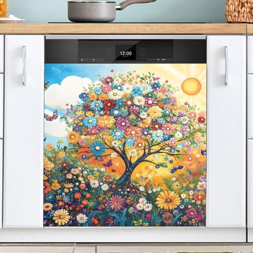 SPRIPORT Sonnenblumen-Baum, Gelb, Geschirrspüler, magnetische Abdeckung, starker Universal-Panel, Aufkleber für Kühlschrank, 58,4 x 66 cm, Küche, dekorativ für Whiteboard, Kühlschrank, Küche, Büro,