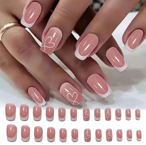 WhaleO 24 Piezas Uñas Postizas Con Pegatinas De Pegamento Press On Nails Uñas Press On Gel Uñas Postizas Gel Uñas Postizas Adhesivas Para Mujeres Niñas - Corazón Rosa