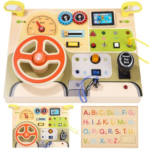 Busy Board Montessori Spielzeug mit simuliertem Lenkrad und LED-Lichtschaltern, Activity Board,Motorikbrett Holzschalttafel für Busy Board ab 1 Jahr- Geschenk für Jungen und Mädchen ab 1 2 3 4 Jahr