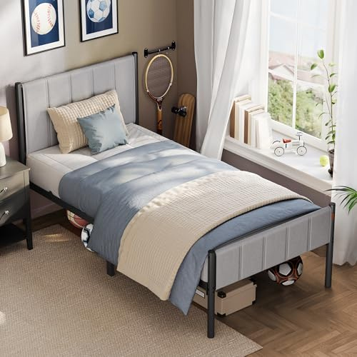 VASAGLE Cadre de Lit Double, 90 x 190 cm, avec Tête de Lit Rembourrée | Cadre de Lit Double, en Acier, Supporte Jusqu'à 250 kg, Montage Facile, Gris Tourterelle, Collection DUPON RMB971G01