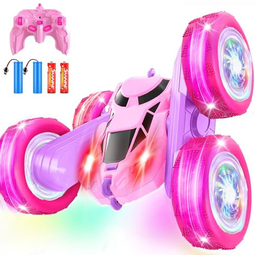 Ferngesteuertes Auto, 2.4Ghz Doppelseitig 360° drehbarer RC Crawler mit Scheinwerfern Radlichtern, 4WD Off Road Drift RC Auto Spielzeug Geschenke für Mädchen Jungen 6-12 Rosa Lila