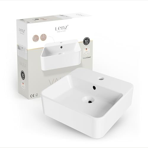 Lenz Lavabo VALEA per WC ospiti e piccoli bagni - 40 cm x 38,5 cm - Appeso a parete o come lavabo da appoggio, superficie KeepClean super liscia - Con troppopieno, bianco, 41010161