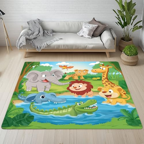 Sshjfeu Karikatur Tiere Teppich 120 X 170 cm, Elefant Löwe Giraffe Teppich Waschbar rutschfest Kurzflor Weich, Waldtiere Waldtiere Teppiche für Schlafzimmer, Wohnzimmer, Esszimmer, Kinderzimmer