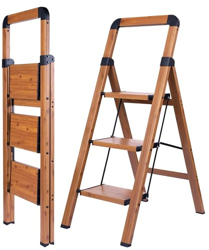 BIBKOKE Step Ladder 3-Step Woodgrain Finish Aluminum Folding Ladders | Anti-slip Sturdy Foldable Ladder Step Stool for Kitchen Home Office Libaray