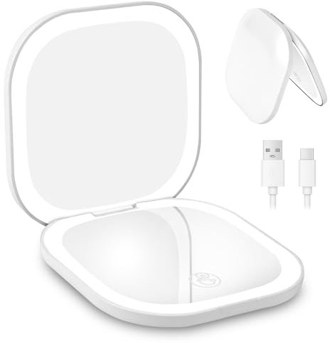 HOTUT LED Taschenspiegel,LED Reisespiegel mit Licht,Faltbarer Makeup Spiegel mit Vergrößerung 1x/3x,Einstellbarer Helligkeit, Wiederaufladbarer Zweiseitiger Handspiegel,Weiß