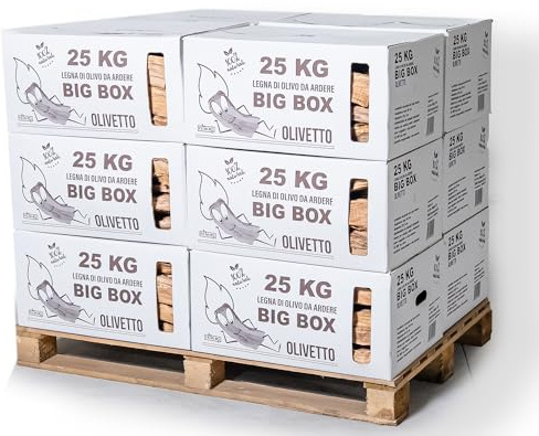 BIG BOX FEMIRO - Legna da ardere in SCATOLE da 25 Kg. Legna di olivo su bancale ideale per camini, stufe, forni, pizzerie e barbecue. Confezioni da 25 a 500 kg. (300 Kg)