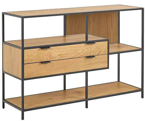 AC Design Furniture Jörn Shelf, Body and Frame Matt Black Rough Powder-Coated Steel, 2 Drawers and 3 Shelves Matte Wild Oak Rough Melamine with Asymmetric Detail, 114 x 35 x 78 cm