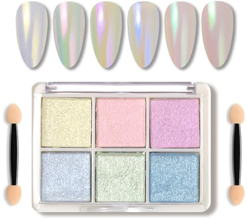 6 Colors Mermaid Neon Chrome Nail Powder Set - Iridescent Pearl Glitter Pigment with 2 Dual-Tip Applicators, Mirror Effect DIY Nail Decoration for Gel/Regular Polish
