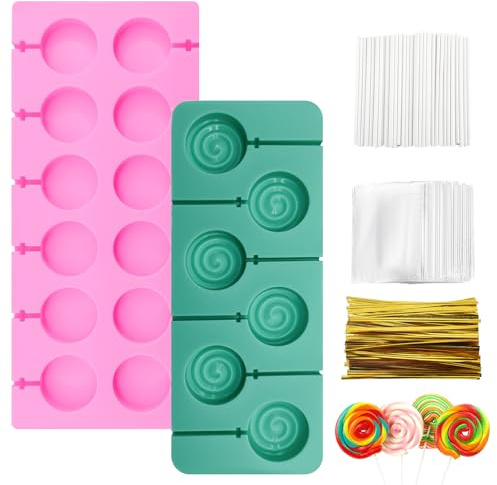 2Stück Lollipop Form Silikon Cake Pop Form Silikon Rund mit Cake Pop Stiele | Mit 100 Baender 100 Tasche Wiederverwendbar Flexibel Antihaft Leicht zu Reinigen gummibärchen form BPA Frei für Schokolade