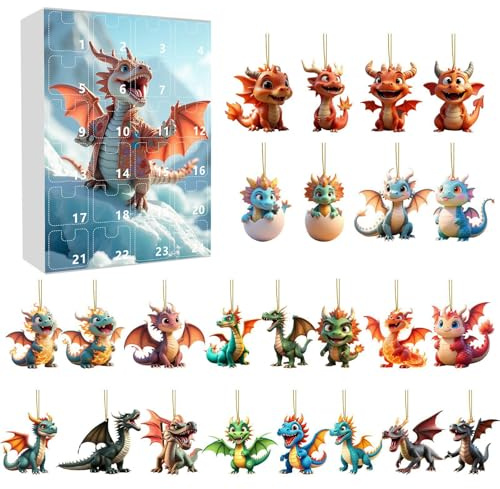 Adventskalender 2025, 2D-Drachen-Acryl-Adventskalender mit süßen Tieren, Drachen Weihnachtsdeko Anhänger Set Hängende Weihnachtsschmuck für Halloween und Xmax (B)