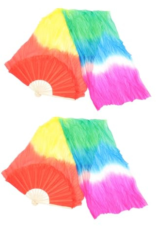 Mikinona 2pcs Handmade Multi-color Belly Dance Fans with Long Silk Veils and Frame Folding Silk Fan Veils for Festival Fitness Praise Dance Performances
