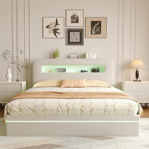 Gepolstertes Bett 160 x 200 cm mit Stauraum, Doppelbett mit LED, Boxspringbett mit Lattenrost, Bettgestell mit Kopfteil, Jugendbetten (Beige, Flanell-A, 160 x 200 cm)