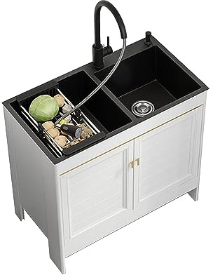Évier de cuisine utilitaire en acier inoxydable, meuble sous-évier extérieur à double cuve, avec robinet extractible, distributeur de savon et panier de vidange. Idéal pour garage ou usage c